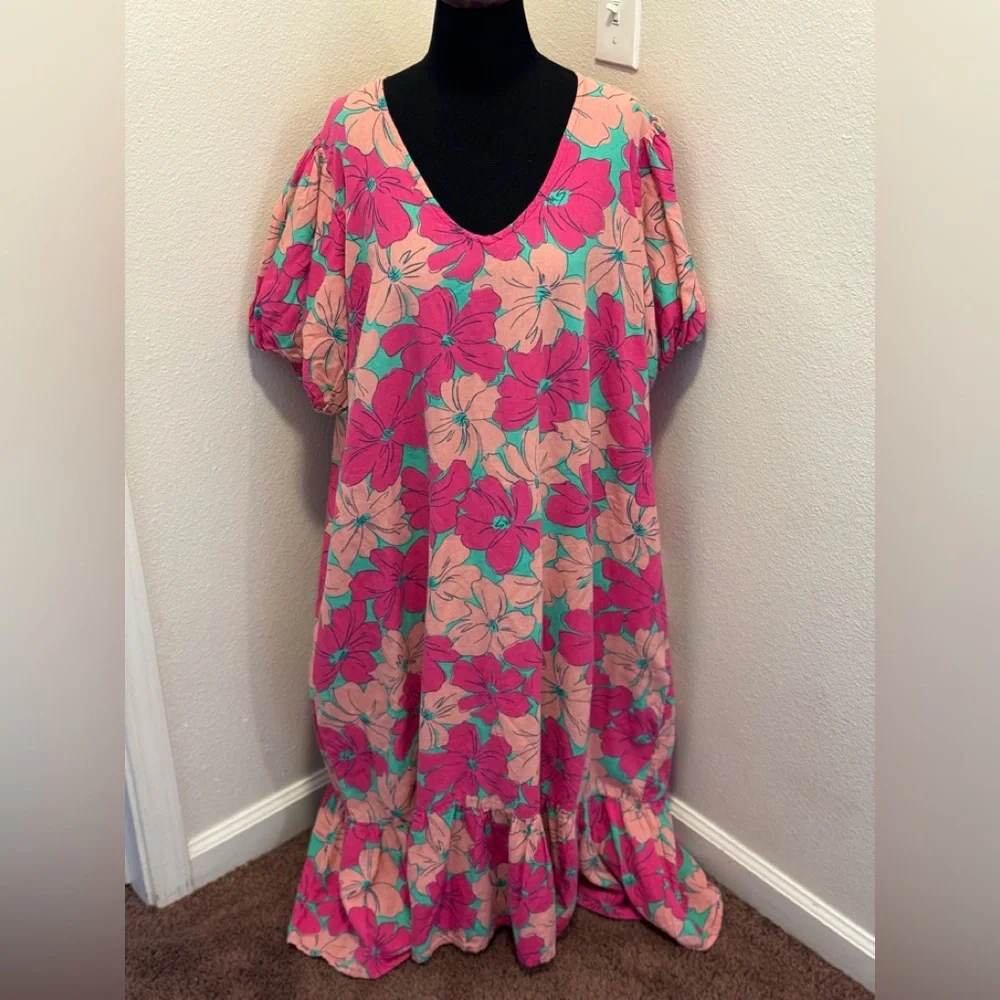 Oh Joy! The Odell Julia Linen Pink Floral Maxi Dress Puff Sleeve Anthro PLUS 2X - Picture 2 of 11